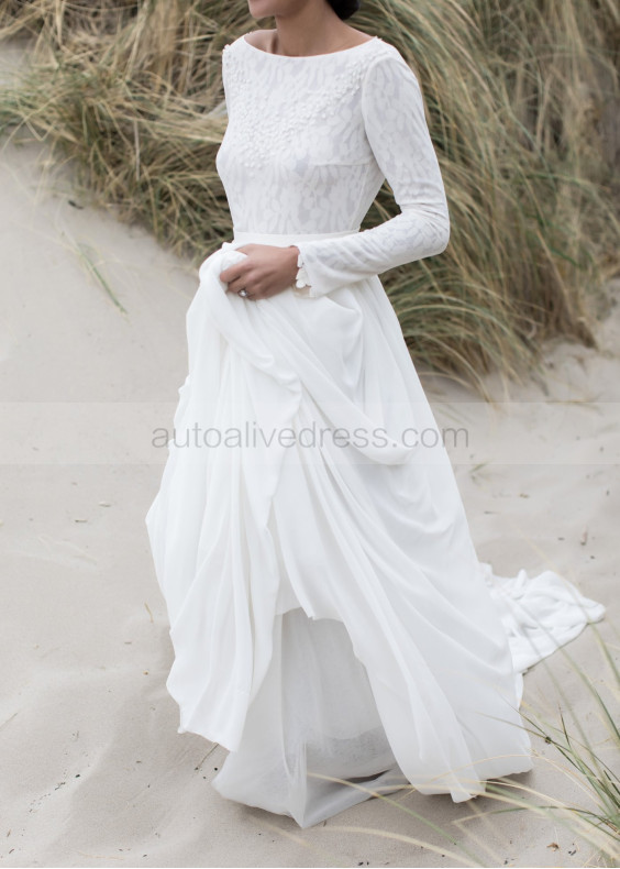 Long Sleeve Ivory Lace Chiffon V Back Wedding Dress